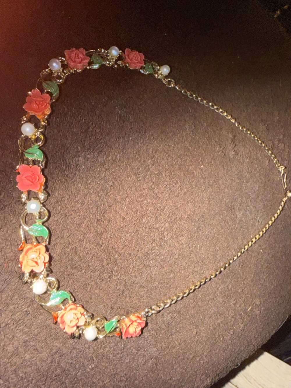 Gold-Tone Coral Rose Necklace with Green Enamel Leaves and Pearls